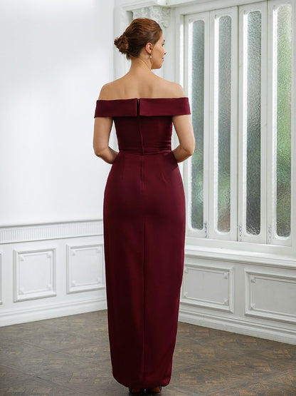 Slim fit straight tube elastic crepe pleated off shoulder sleeveless and ground length bridal mother dress