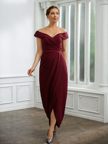 Slim fit straight tube elastic crepe pleated off shoulder sleeveless and ground length bridal mother dress