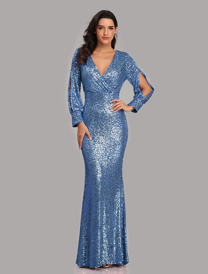 Mermaid Loudspeaker Evening Dress Sparkling Dress Party Dress Wedding Guests Landing Long Sleeve V-Neck Sequins