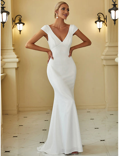 Minimalist Wedding Dress Fishtail/Small V-neck Cap Sleeves Sweeping Elastic Fabric Bridal Dress Hanging Solid Color
