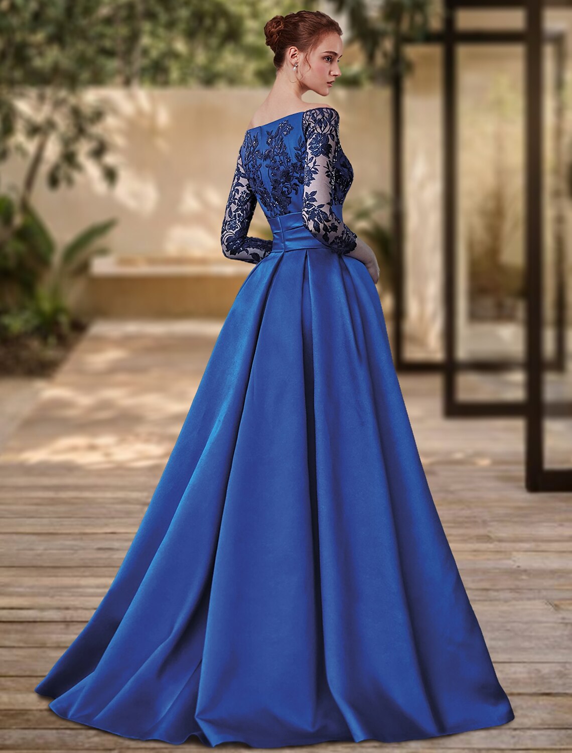 Tight column style evening dress with high slit for formal wedding guests broomstick tail&nbsp; 3/4 long sleeved off shoulder soft satin with bow slit