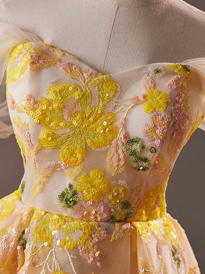 A-Line Off Shoulder Tulle Lace Short Yellow Homecoming Dress