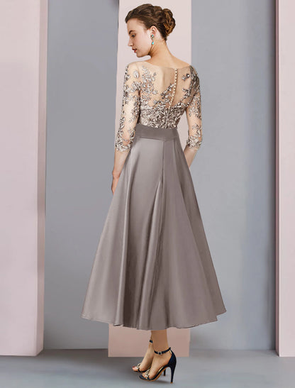 A-shaped Bride Mom Dress Wedding Guests Elegant Low Round Neck Tea Long Satin Lace Half Sleeve Bow Sticker