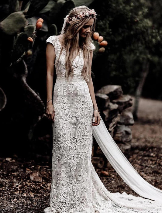Beach Bohemian style wedding dress, mermaid horn, V-neck, cover sleeve, palace drag tail, lace bride dress with stickers