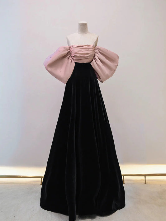Black/pink velvet long Evening dress black long formal dress