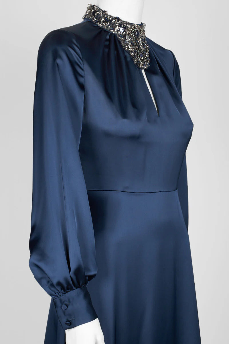 Embellished high Neck Long Sleeve Keyhole Front Zipper Back Satin Mother of the Bride Dresses