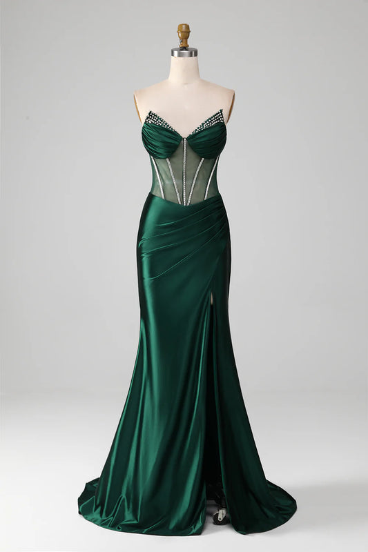 Slim fit mermaid sweet dark green Corset ball dress with front slit
