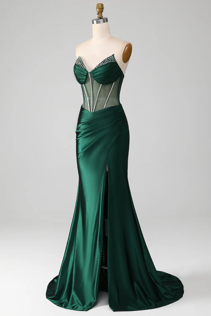 Slim fit mermaid sweet dark green Corset ball dress with front slit