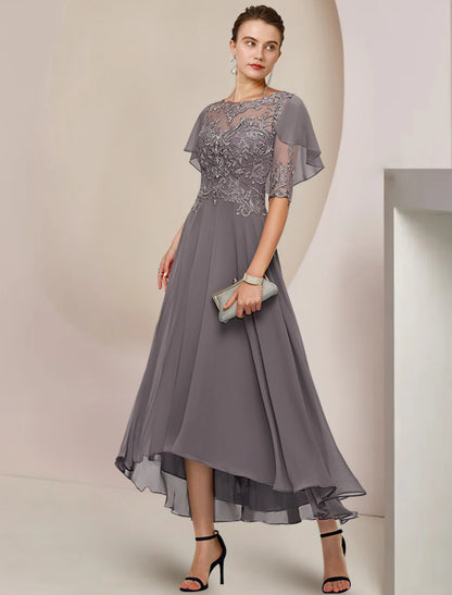 A-shaped Bride Mom Dress Fashion Trend Wedding Guests Elegant Spoon Neck Asymmetric Tea Length Chiffon Lace Half Cuff Beaded Applique