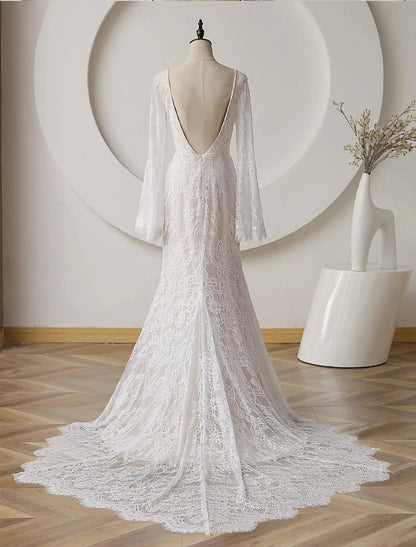 Beach Bohemian style wedding dress column high necked long sleeved palace tail bridal dress with stickers