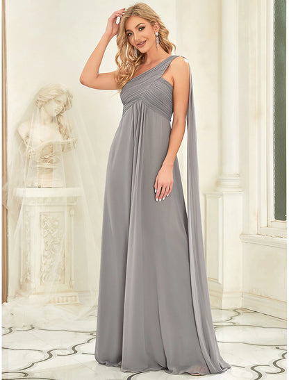 A-line generous and dignified evening dress imperial wedding formal banquet for guests and floor length sleeveless one shoulder bridesmaid dress chiffon open strap pleats
