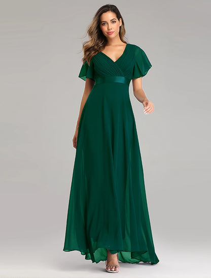A-line Party Evening Dress Wedding Guest Long Short Sleeve V-Neck Bridesmaid Dress Chiffon V-Strap Ruffle Edge