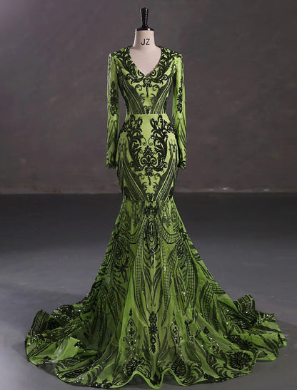 Mermaid Loudspeaker Elegant Evening Dress Carnival Long sleeved V-neck African American Lace with Sequins