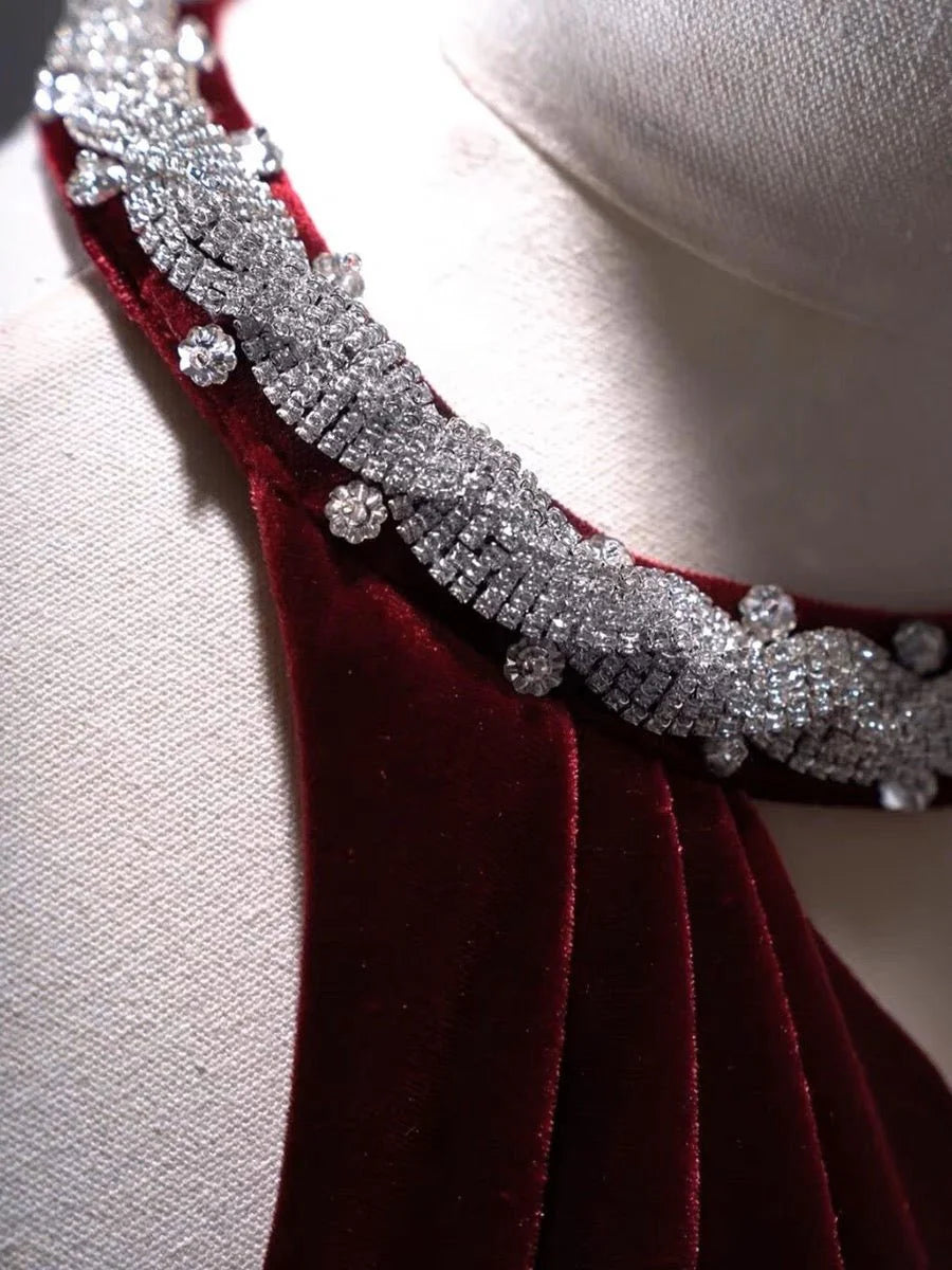 Burgundy Velvet Backless V-neck Mermaid Evening Gown With Crystal Chain Back