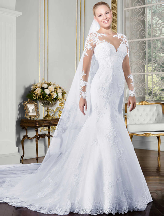 Open back sexy wedding dress mermaid horn illusion collar long sleeved car lace bride dress with lace stickers