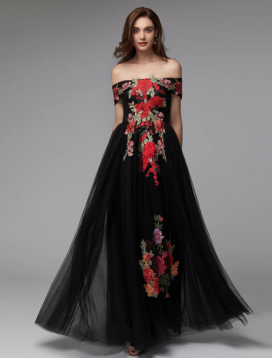 A-shaped floral dress for wedding guests ball and floor length sleeveless off shoulder lace sheer with embroidered stickers