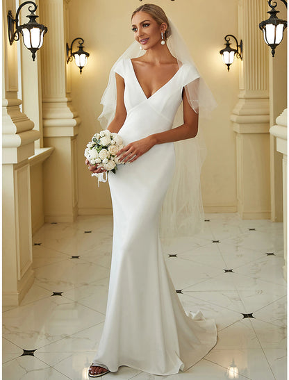 Minimalist Wedding Dress Fishtail/Small V-neck Cap Sleeves Sweeping Elastic Fabric Bridal Dress Hanging Solid Color