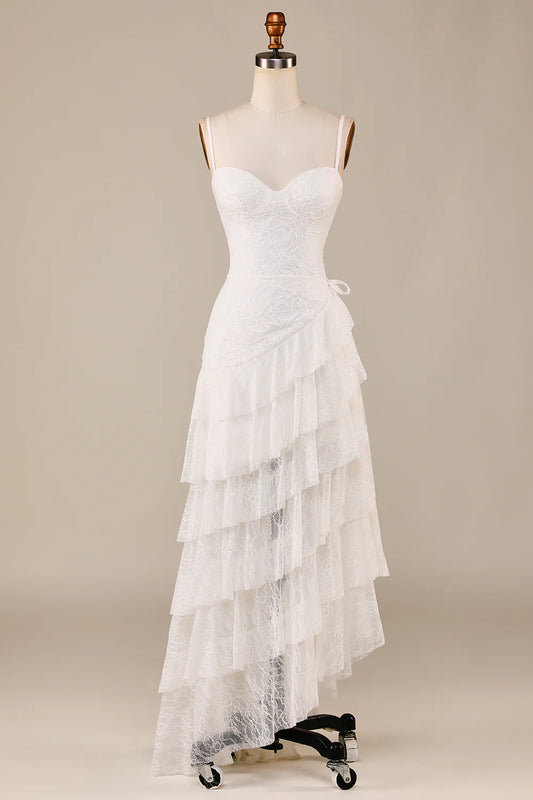 Ivory Lace Asymmetrical Detachable Train Boho Wedding Dress