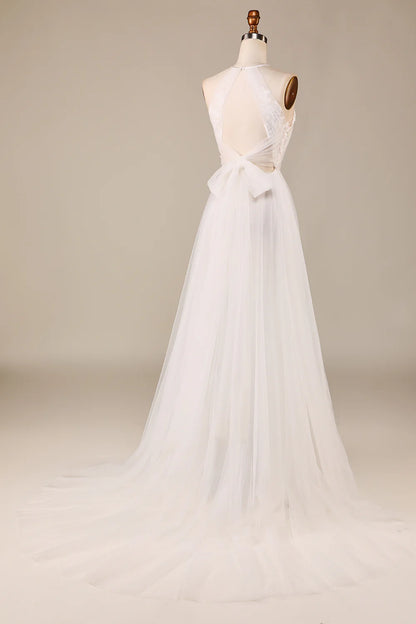 A Line Halter Neck Ivory Open Back Tulle Sweep Train Wedding Dress with Lace