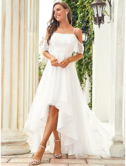 A-line Off Shoulder Short Sleeve Asymmetric Small White Skirt Bohemian Wedding Dress Lace Bridal Dress Lace Drop