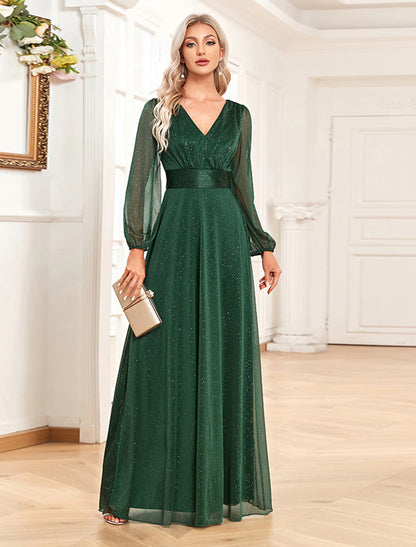 A-shaped Evening Dress Sparkling Elegant Dress Formal Wedding Party Dress and Floor Long Sleeve V-Neck Chiffon with Sequins