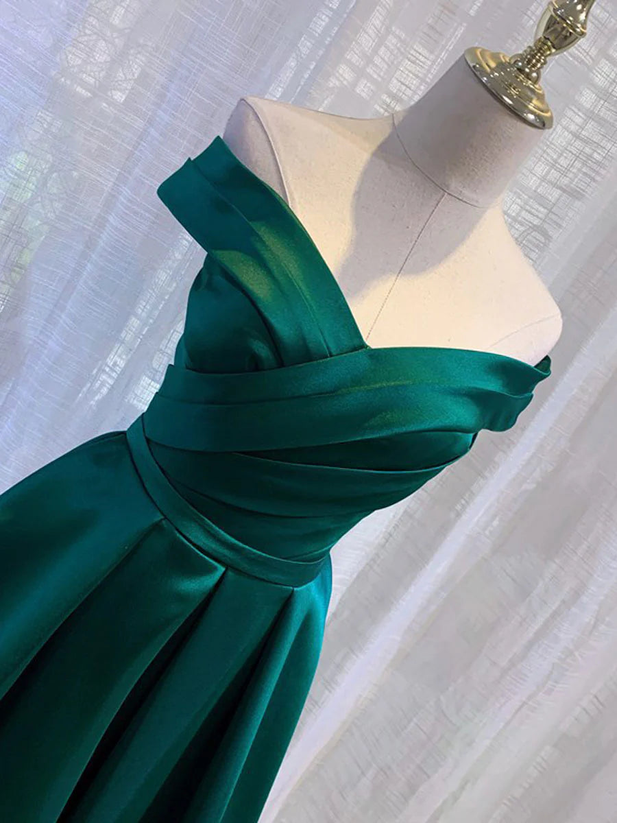 Simple green satin off shoulder long evening dress green bridesmaid dress