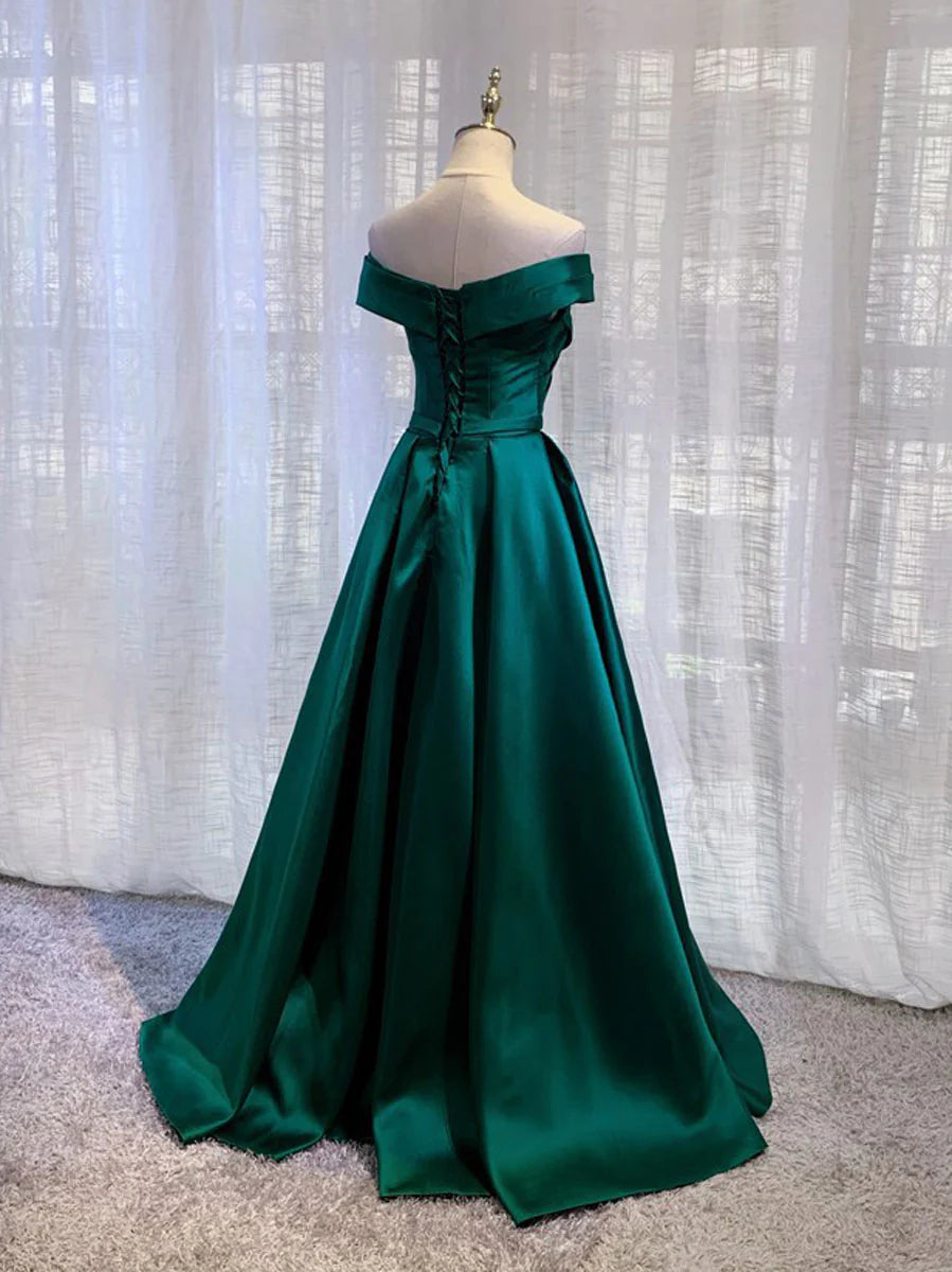 Simple green satin off shoulder long evening dress green bridesmaid dress