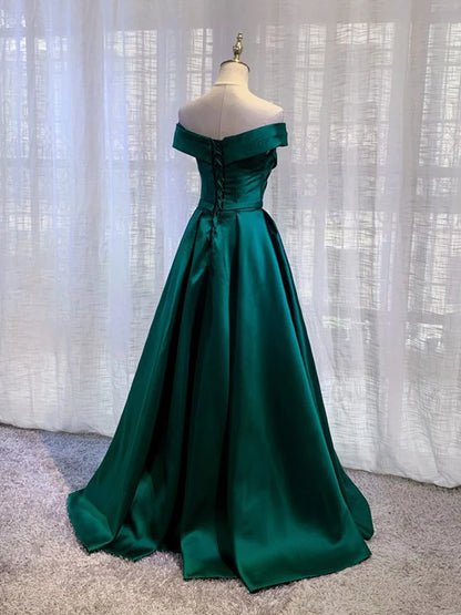 Simple green satin off shoulder long evening dress green bridesmaid dress