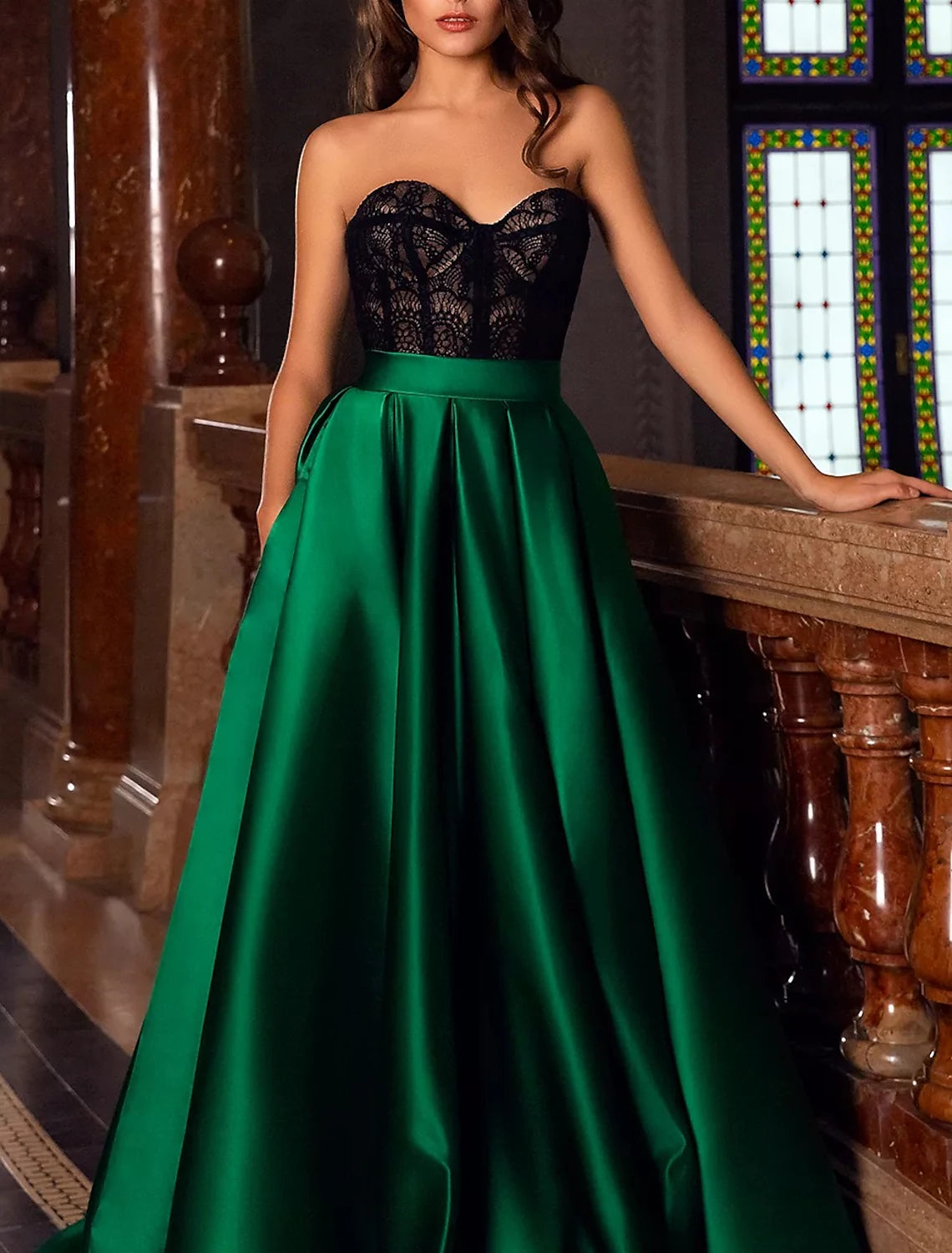 A-line Evening Dress Retro Dress Red and Green Dress Engagement Sleeveless Sweetheart Pocket Ribbon Split Embroidered Pocket