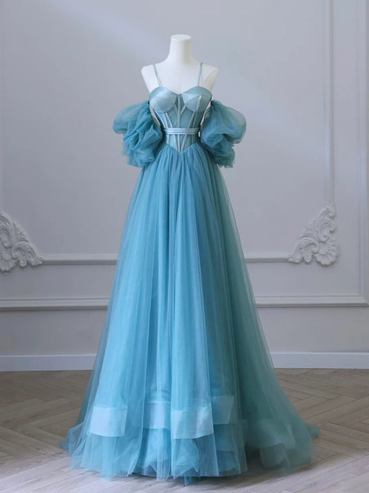 A-Line Sweetheart Neck Tulle Blue Long Evening Dress Blue Long Formal Dress