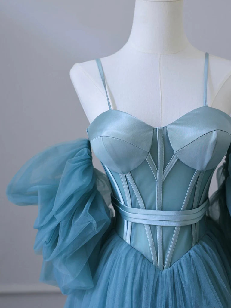 A-Line Sweetheart Neck Tulle Blue Long Evening Dress Blue Long Formal Dress