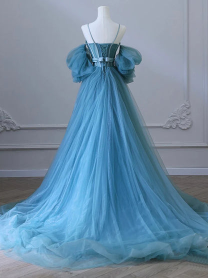 A-Line Sweetheart Neck Tulle Blue Long Evening Dress Blue Long Formal Dress