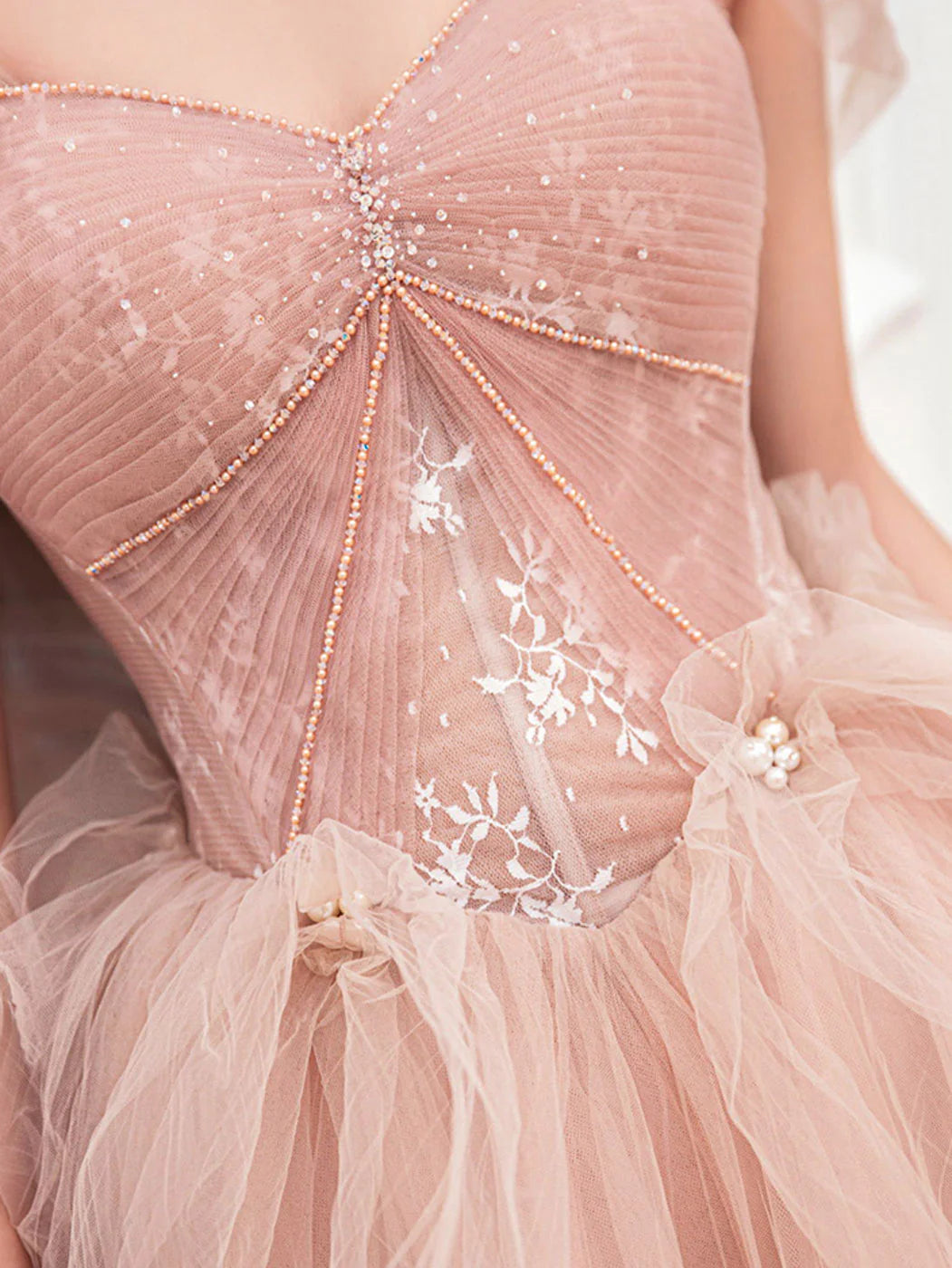 Pink tulle lace long prom dress pink tulle prom dress
