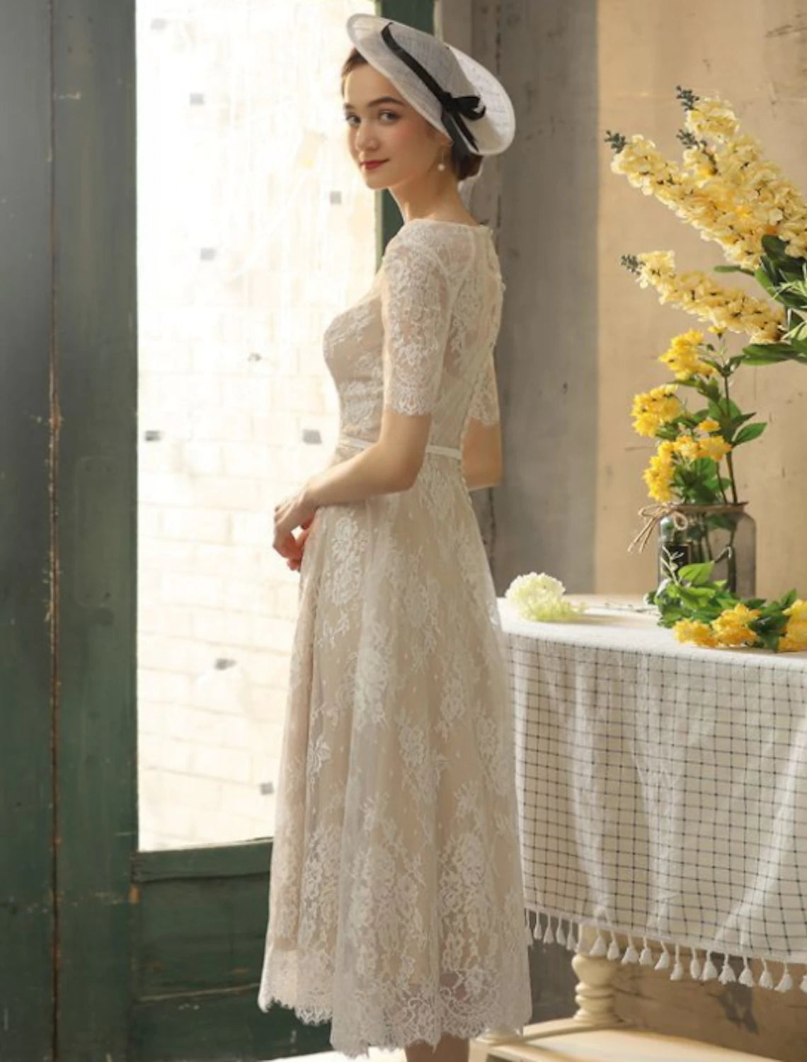 Minimalist Wedding Dress A-shaped Off Shoulder Cap Sleeves Tea Long Pleated Satin Bridal Dress Wedding Party