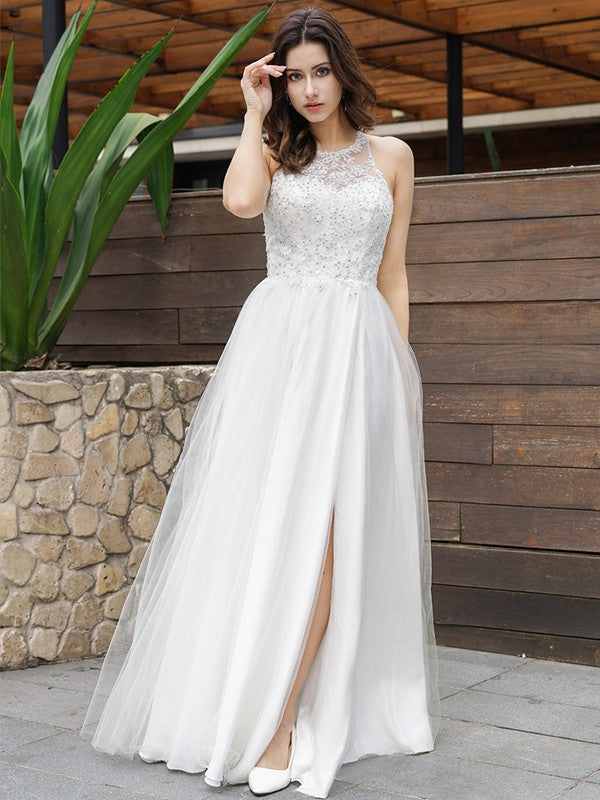 Sweet A-line Princess sheer lace strapless sleeveless floor mopping wedding dress