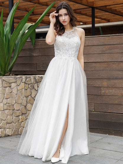 Sweet A-line Princess sheer lace strapless sleeveless floor mopping wedding dress