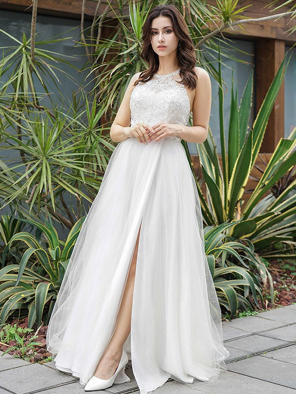 Sweet A-line Princess sheer lace strapless sleeveless floor mopping wedding dress