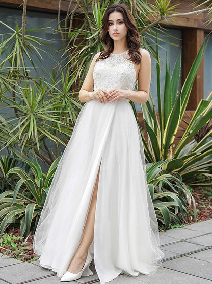 Sweet A-line Princess sheer lace strapless sleeveless floor mopping wedding dress
