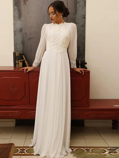 Sweet Princess Chiffon Lace Jewelry Long sleeved Floor mopping Wedding Dress