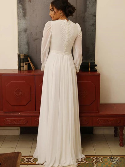 Sweet Princess Chiffon Lace Jewelry Long sleeved Floor mopping Wedding Dress