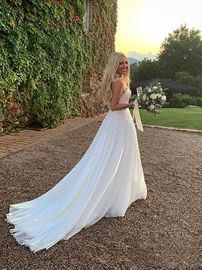 A-line Princess Organza Sweet Sleeveless Brush Train Wedding Dress with Ruffle Edge