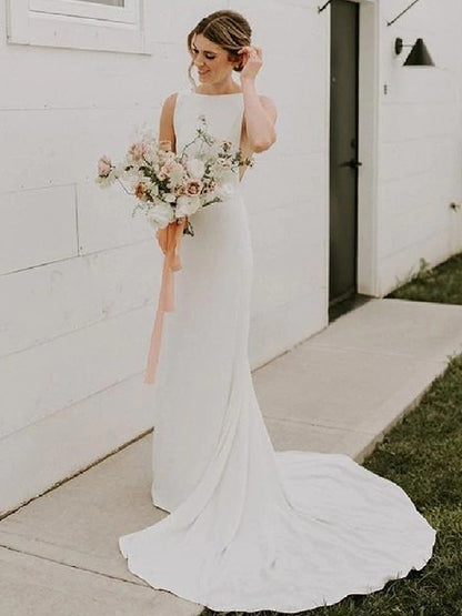 Sheath column stretch pleated jewelry sleeveless brush train wedding dress