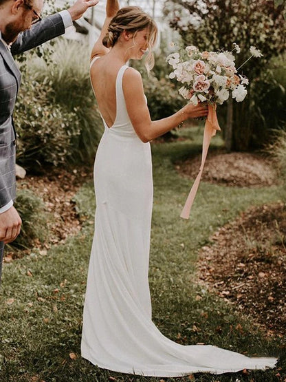 Sheath column stretch pleated jewelry sleeveless brush train wedding dress