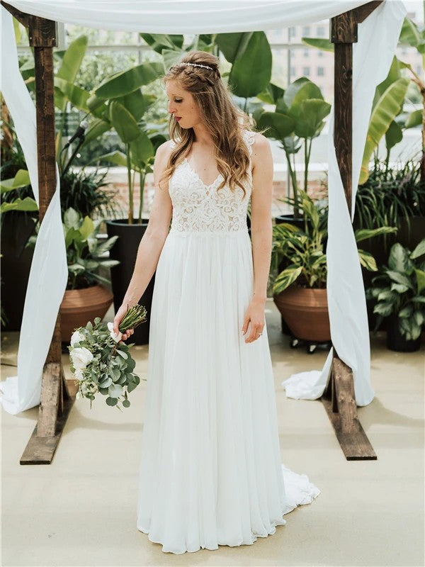 Elegant Princess Chiffon Lace V-neck Sleeveless Train Wedding Dress