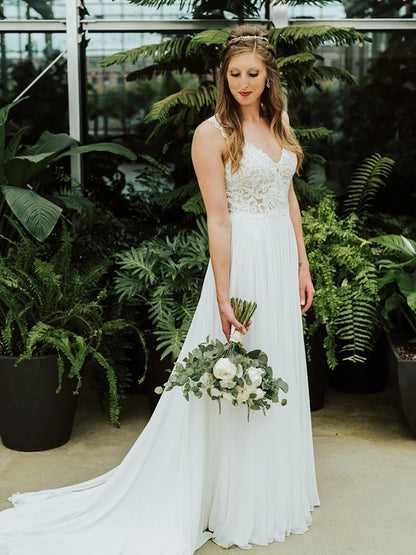 Elegant Princess Chiffon Lace V-neck Sleeveless Train Wedding Dress