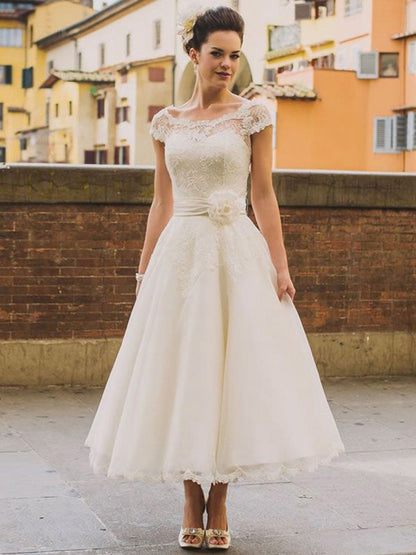 A-line Princess Tulle Lace Hollow Short Sleeve Tea Long Wedding Dress