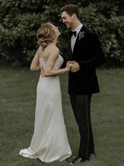 Cylindrical elegant elastic lace spaghetti strap sleeveless dress wedding dress