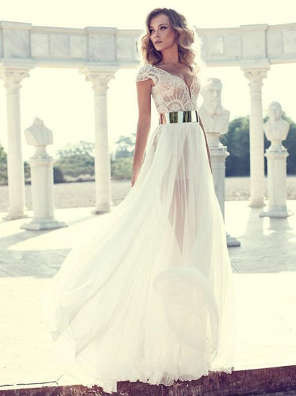 Elegant A-line Princess V-neck Short sleeved Lace Floor Mopping Chiffon Dress