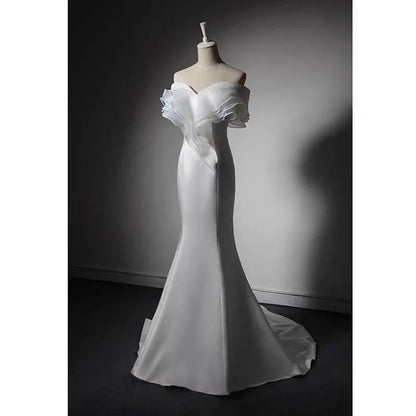 White Off-shoulder Satin Mermaid Boho Wedding Dress  White Formal Evening Dresses
