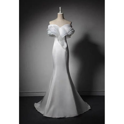 White Off-shoulder Satin Mermaid Boho Wedding Dress  White Formal Evening Dresses
